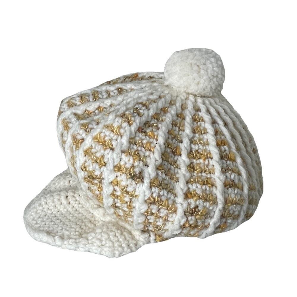 Chunky Handknit Crochet Beret Hat Wool Blend Winter Slouchy Rasta White /Tan VTG